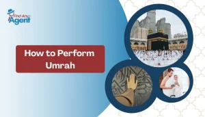 A professional travel banner for FindAnyAgent titled "How to Perform Umrah" with circular images of pilgrims at the Masjid al-Haram and religious sites in Saudi Arabia.