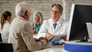 12 Best Health Insurance Provider in Abu Dhabi 1 Findanyagent Abu Dhabi health insurance advisor consulting an elderly client in a medical office.