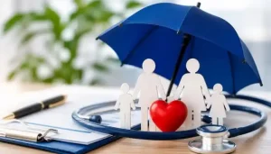 Findanyagent health insurance guide image showing a paper family figure under a protective umbrella with a stethoscope.