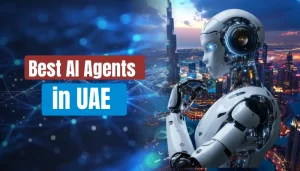 A cinematic visual by Findanyagent showing a sleek white AI robot in profile against the illuminated Dubai cityscape, titled Best AI Agents in UAE.
