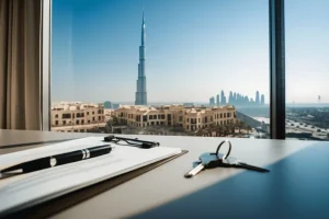 Best Areas to Invest in Dubai (2026) 7 A pen, a set of keys, and a document on a desk with the Burj Khalifa view in the background, representing the steps to buy property in Dubai with the help of Find Any Agent.