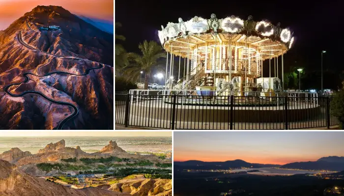 A four-image collage curated by FindAnyAgent showcasing Al Ain's nightlife: the glowing serpentine road up Jebel Hafeet, a brightly lit amusement park carousel, and city lights from a high vantage point.