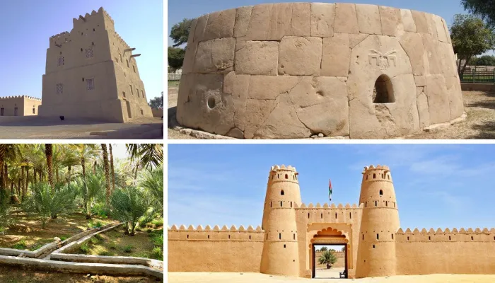 A four-image collage by FindAnyAgent showcasing free heritage sites in Al Ain: ancient mud-brick forts, a circular stone tomb, and traditional falaj irrigation channels in a palm oasis.