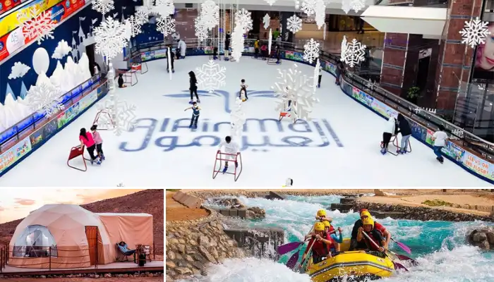 A collage curated by FindAnyAgent showcasing summer activities in Al Ain: people ice skating under snowflake decorations, a group white water rafting, and a modern desert glamping dome.