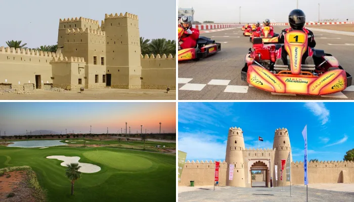 A four-image collage curated by FindAnyAgent showcasing Unique Places to Visit in Al Ain: traditional mud-brick forts, high-speed go-kart racing, and lush green golf landscapes.
