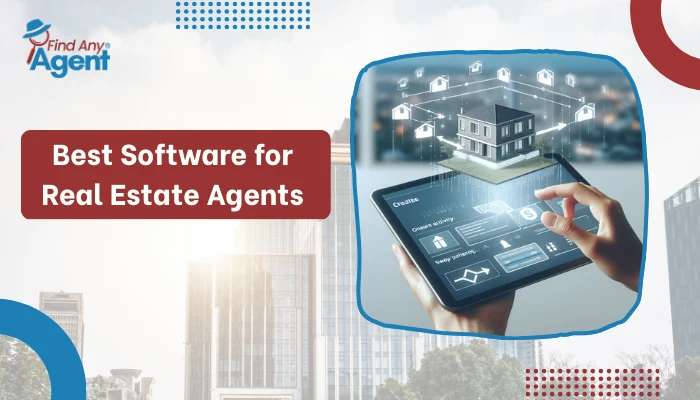 A professional banner for Find Any Agent titled "Best Software for Real Estate Agents" featuring a high-tech property management interface on a mobile tablet.