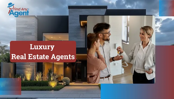 A professional banner for Find Any Agent titled "Luxury Real Estate Agents" featuring a successful closing meeting and an elegant contemporary home at dusk.