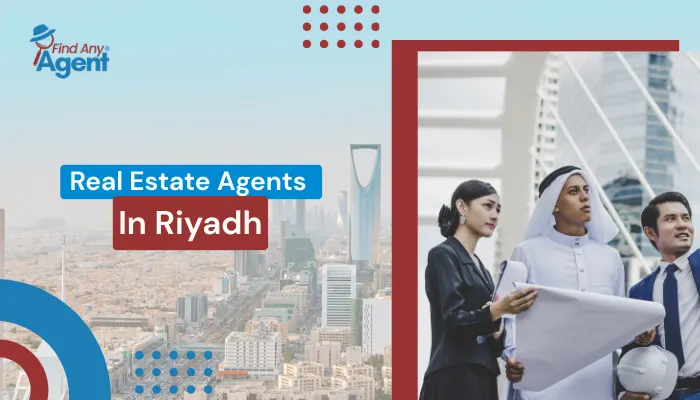 A professional web banner for Find Any Agent titled "Real Estate Agents in Riyadh" featuring local property experts in front of the modern urban landscape of Saudi Arabia.