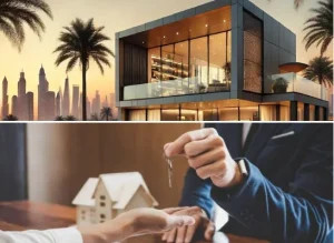 A professional collage for Find Any Agent showcasing Top Locations Covered by Luxury Real Estate Agents in the UAE, with images of a modern glass villa at dusk and a close-up of a property key exchange.