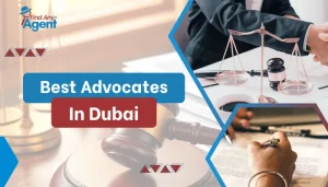 Find Any Agent banner for legal services in Dubai, showing an advocate signing papers with a gavel and scales of justice on the desk.