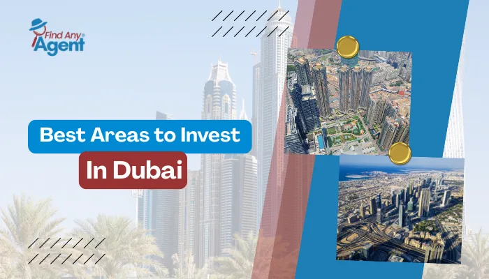 A real estate investment graphic for Find Any Agent titled "Best Areas to Invest in Dubai" showcasing modern skyscrapers, urban development, and palm trees.