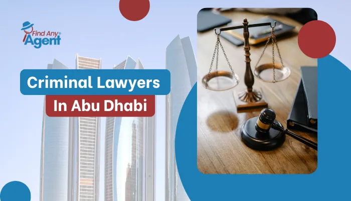 Find Any Agent promotional graphic for criminal legal services in Abu Dhabi, featuring iconic legal symbols and the city's modern architecture.