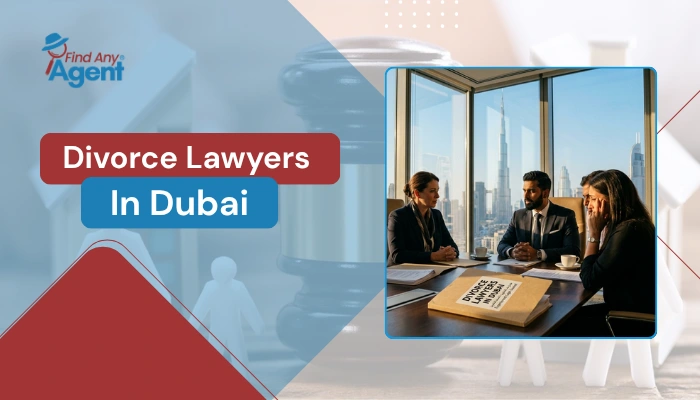 Find Any Agent promotional graphic for divorce legal services in Dubai, featuring a legal consultation in a modern office with the Dubai city skyline in the background.