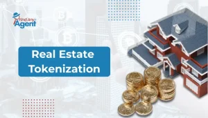 A professional web banner for Find Any Agent titled "Real Estate Tokenization" featuring a residential house model, gold currency, and a Bitcoin network overlay.
