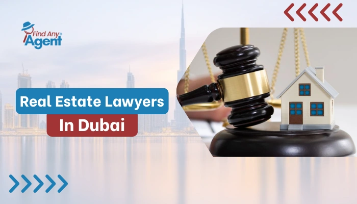 Find Any Agent promotional graphic for real estate legal services in Dubai, featuring a gavel, a house icon, and the Dubai city skyline.