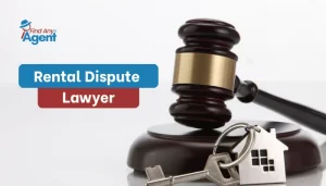 Find Any Agent promotional graphic for rental dispute legal services, featuring a gavel and house keys to represent property law and tenant advocacy.