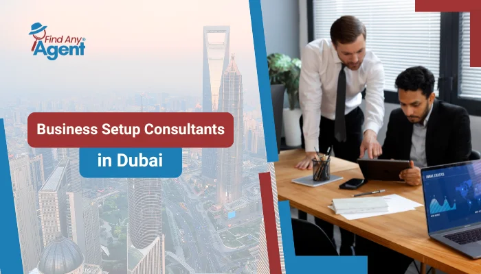 Two business professionals reviewing a tablet in a high-rise office next to a visual of the Burj Khalifa, promoting FindAnyAgent as the premier Business Setup Consultants in Dubai.