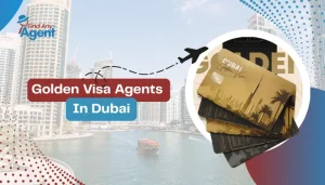 A professional web banner for Golden Visa Agents in Dubai by Find Any Agent, displaying a Dubai Marina background with an airplane graphic flying toward a circular insert of premium gold residency cards.