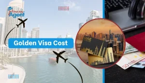 An informative promotional banner analyzing the Golden Visa Cost by Find Any Agent, featuring a background of the Dubai Marina, airplane silhouettes, and a circular graphic showing UAE Golden Visa cards next to cash and bank cards.