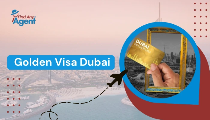 An informative promotional banner by FindAnyAgent for the Golden Visa Dubai, showcasing a hand holding a gold residency card in front of a Dubai city frame with the Burj Al Arab coastline in the background.