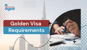 An informative infographic by FindAnyAgent detailing the Golden Visa Requirements, featuring icons for real estate investment, specialized talents, and entrepreneurs against a skyline background.