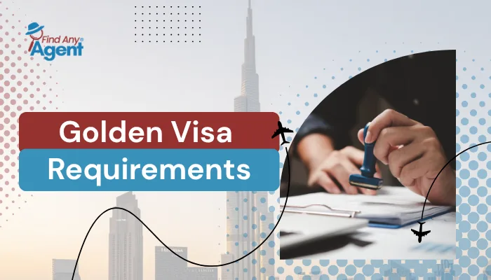 An informative infographic by FindAnyAgent detailing the Golden Visa Requirements, featuring icons for real estate investment, specialized talents, and entrepreneurs against a skyline background.