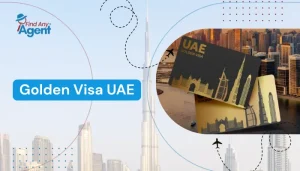 A promotional banner for the Golden Visa UAE by FindAnyAgent, featuring the Burj Khalifa background and a graphic of the golden and black UAE Golden Visa cards displaying Dubai skyline silhouettes.