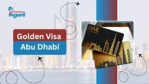 An informative promotional banner outlining the Golden Visa Abu Dhabi program by Find Any Agent, featuring an Abu Dhabi city skyline background with dotted airplane flight paths and an inset graphic of the black and gold UAE Golden Visa smart cards.