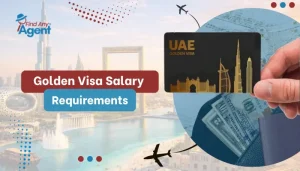 An informative promotional banner outlining the Golden Visa Salary Requirements by Find Any Agent, featuring a Dubai skyline background with airplane graphics and a circular insert of a hand holding a UAE Golden Visa card next to a wallet with cash.