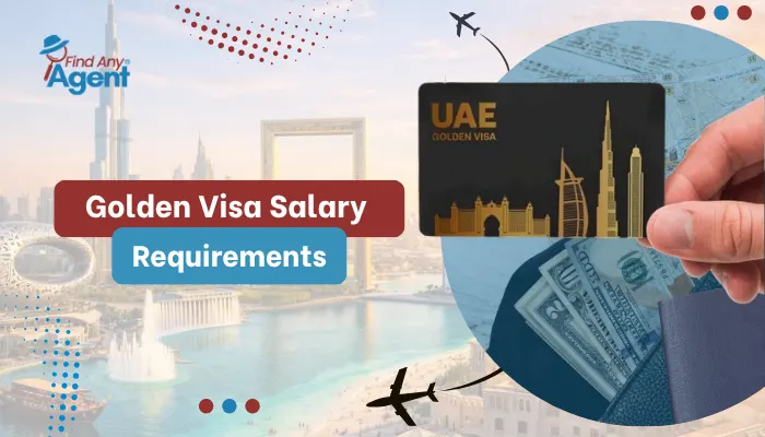 An informative promotional banner outlining the Golden Visa Salary Requirements by Find Any Agent, featuring a Dubai skyline background with airplane graphics and a circular insert of a hand holding a UAE Golden Visa card next to a wallet with cash.