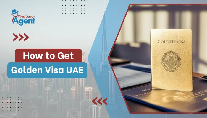 An informative website banner explaining How to Get Golden Visa UAE by Find Any Agent, featuring a blurred Dubai cityscape backdrop with a prominent golden residency passport document on the right side.