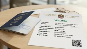 Abu Dhabi Golden Visa 2026: Requirements, Eligibility & How to Apply 8 Findanyagent travel guide image featuring a US passport and UAE visit visa application document.
