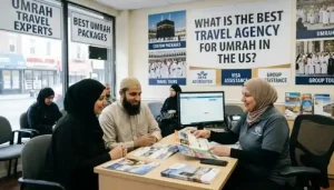 Best Umrah Packages From Sharjah – A Complete, In-Depth Guide for Pilgrims 7 Findanyagent guide on planning Umrah from Sharjah showing a travel agent assisting a couple with package options.