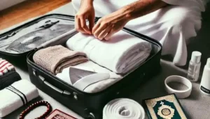 How to Perform Umrah – A Complete Step-by-Step Guide for Pilgrims 7 Findanyagent Umrah journey guide showing a pilgrim packing white ihram garments and religious items into a luggage.