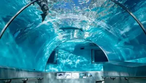 Findanyagent Abu Dhabi travel planning guide featuring dolphins swimming over an underwater aquarium tunnel.