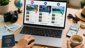Traveler using Findanyagent to plan an extended trip by browsing hotel and flight booking options on a laptop