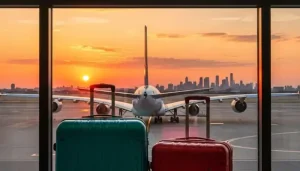 Findanyagent Dubai travel planning image showing suitcases at an airport terminal looking out at a plane and city skyline at sunset.