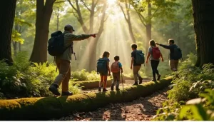 Findanyagent trip planning guide image showing a family hiking through a lush forest with a guide.