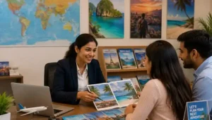 Travel agent presenting destination brochures to a couple seated at her desk in a travel agency office.